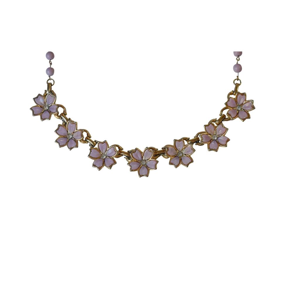 1960s Lavender Thermoset White Rhinestones Flower Adjustable Choker Necklace - Picture 3 of 6